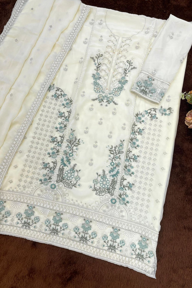Off White Floral Embroidered Chiffon Kurti Palazzo Set (ACA8862)