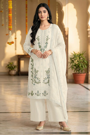 Off White Floral Embroidered Chiffon Kurti Palazzo Set (ACA8862)