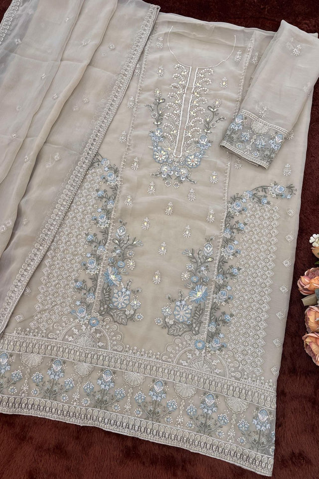 Grey Floral Embroidered Chiffon Kurti Palazzo Set (ACA8863)
