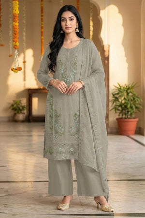 Grey Floral Embroidered Chiffon Kurti Palazzo Set (ACA8863)