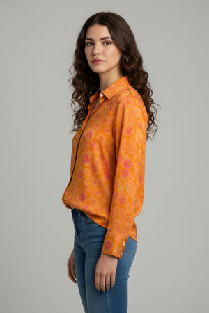 Orange Floral Printed Crepe Shirt (ACA8865)