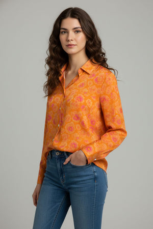 Orange Floral Printed Crepe Shirt (ACA8865)