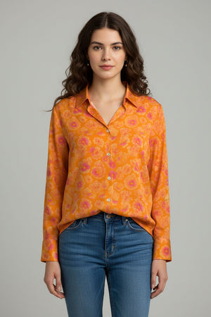 Orange Floral Printed Crepe Shirt (ACA8865)