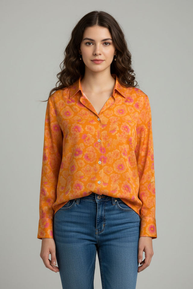 Orange Floral Printed Crepe Shirt (ACA8865)