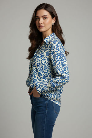 Blue Printed Crepe Shirt (ACA8866)