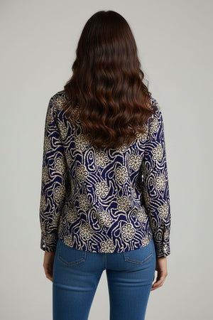 Navy Blue Floral Printed Crepe Shirt (ACA8867)