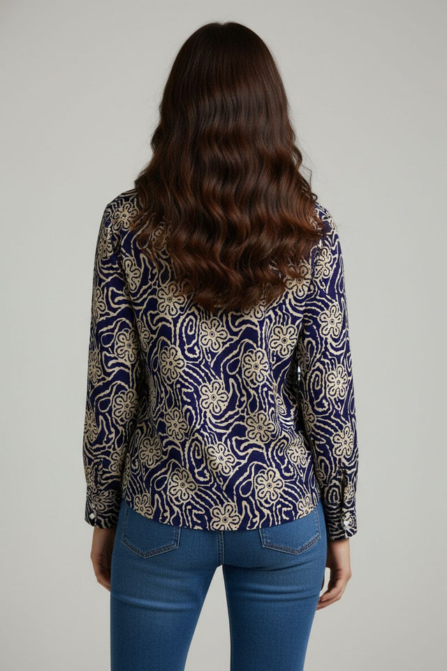 Navy Blue Floral Printed Crepe Shirt (ACA8867)