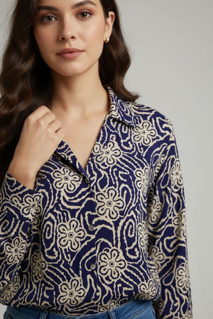 Navy Blue Floral Printed Crepe Shirt (ACA8867)