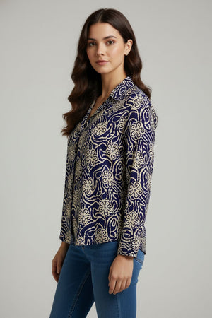 Navy Blue Floral Printed Crepe Shirt (ACA8867)
