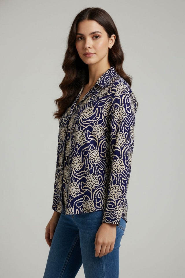 Navy Blue Floral Printed Crepe Shirt (ACA8867)