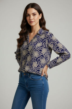 Navy Blue Floral Printed Crepe Shirt (ACA8867)