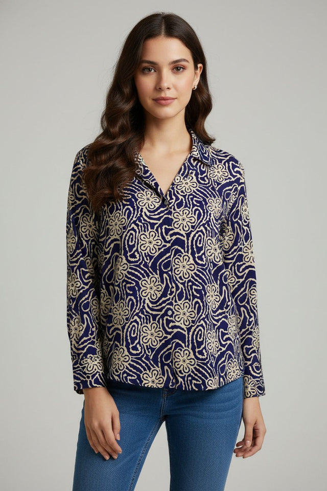 Navy Blue Floral Printed Crepe Shirt (ACA8867)