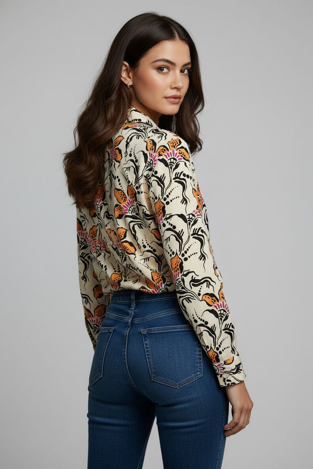 Cream Floral Printed Crepe Shirt (ACA8868)