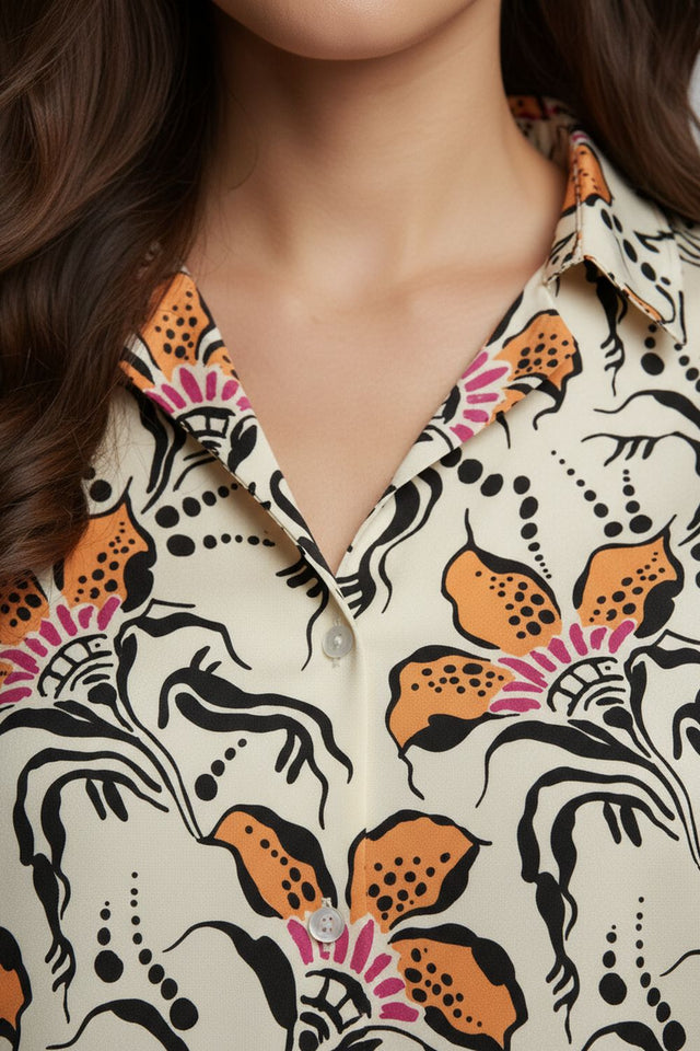 Cream Floral Printed Crepe Shirt (ACA8868)