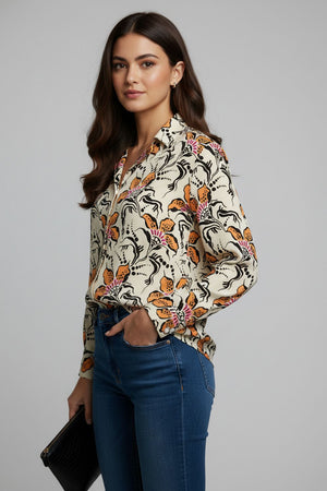 Cream Floral Printed Crepe Shirt (ACA8868)