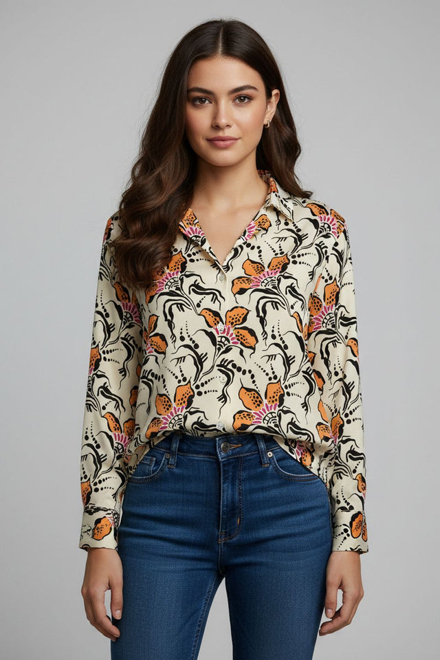 Cream Floral Printed Crepe Shirt (ACA8868)