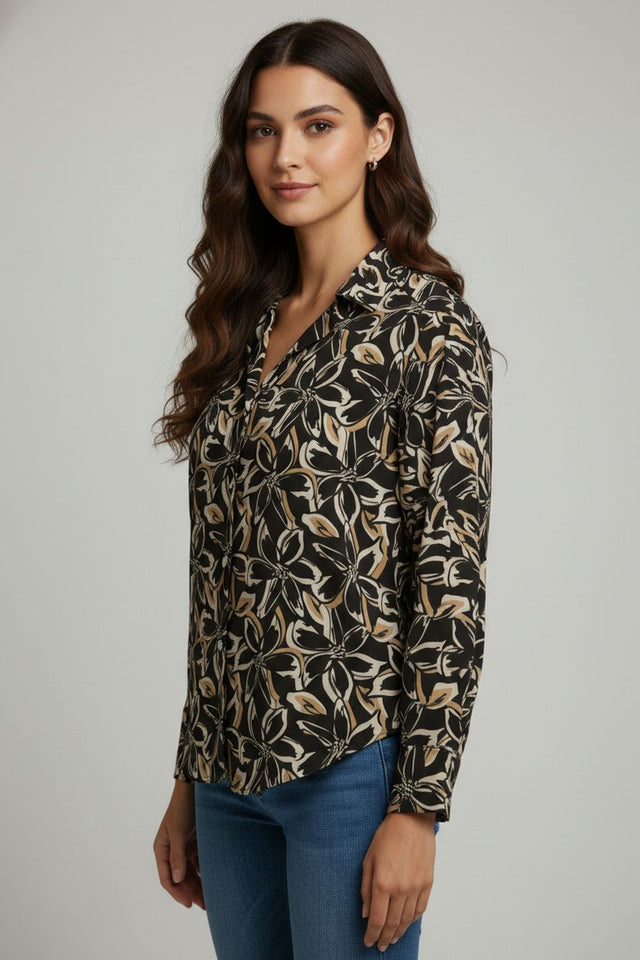 Black Floral Printed Crepe Shirt (ACA8869)