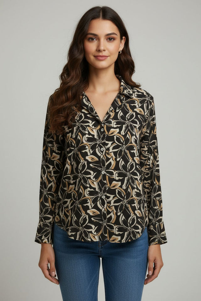 Black Floral Printed Crepe Shirt (ACA8869)