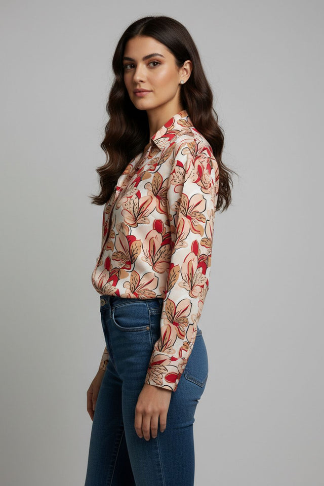 Peach Floral Printed Crepe Shirt (ACA8870)