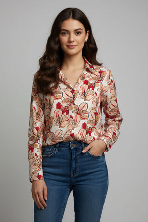 Peach Floral Printed Crepe Shirt (ACA8870)