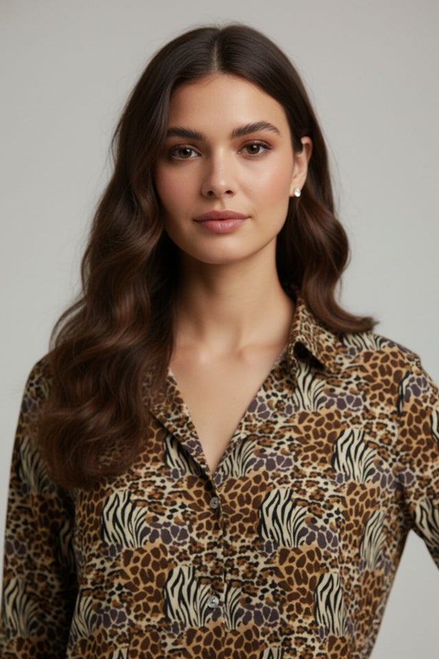 Brown Printed Crepe Shirt (ACA8871)