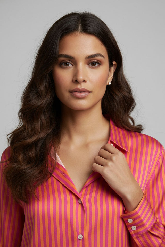 Orange Striped Printed Crepe Shirt (ACA8878)