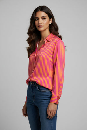 Orange Striped Printed Crepe Shirt (ACA8878)
