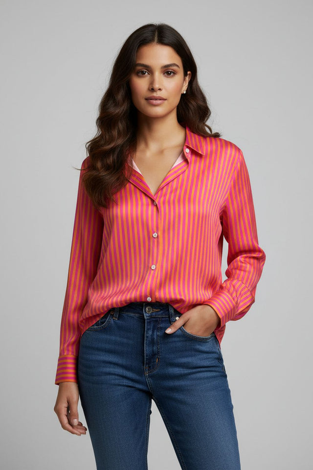 Orange Striped Printed Crepe Shirt (ACA8878)