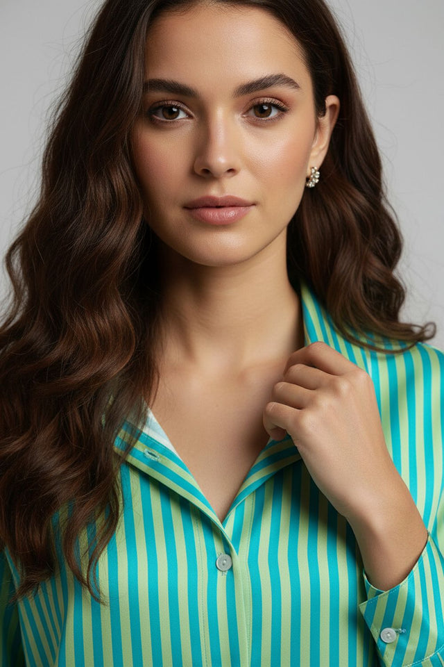 Green Striped Printed Crepe Shirt (ACA8879)