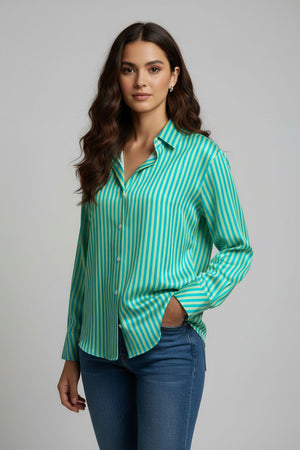 Green Striped Printed Crepe Shirt (ACA8879)
