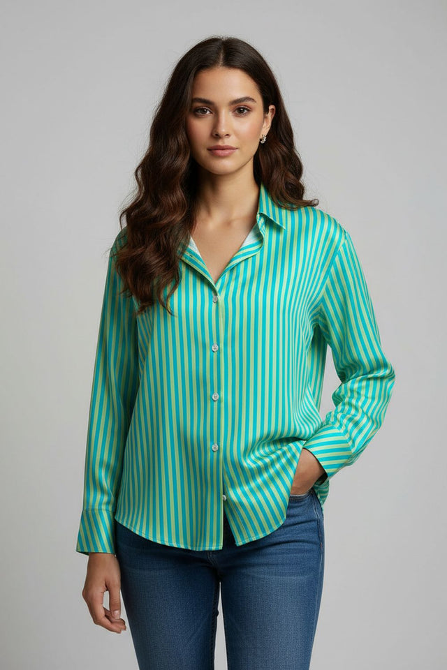 Green Striped Printed Crepe Shirt (ACA8879)