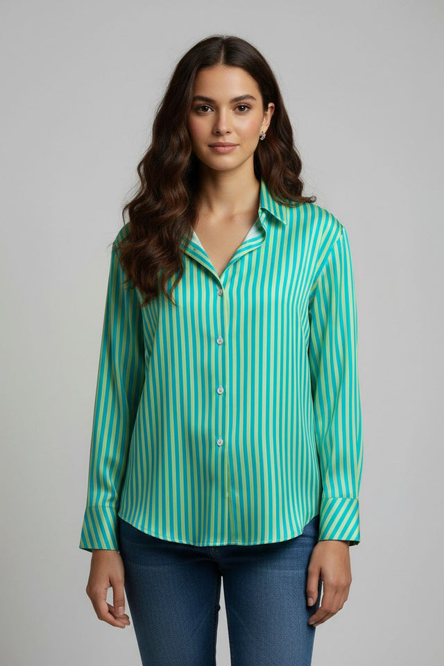 Green Striped Printed Crepe Shirt (ACA8879)
