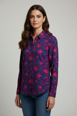 Blue Floral Printed Crepe Shirt (ACA8884)