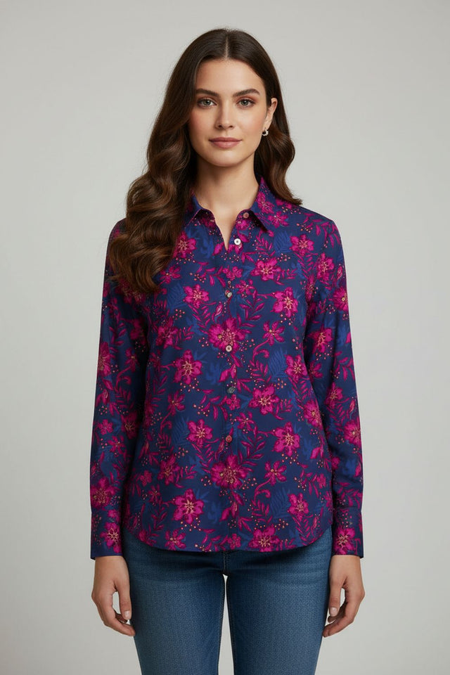 Blue Floral Printed Crepe Shirt (ACA8884)
