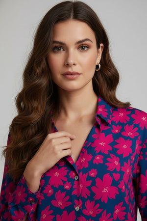 Blue Floral Printed Crepe Shirt (ACA8885)