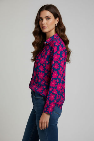 Blue Floral Printed Crepe Shirt (ACA8885)