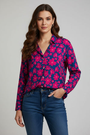 Blue Floral Printed Crepe Shirt (ACA8885)