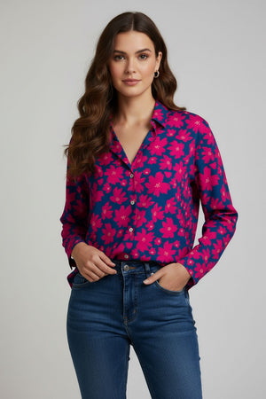Blue Floral Printed Crepe Shirt (ACA8885)