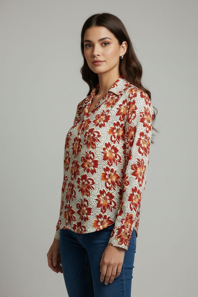 Red Floral Printed Crepe Shirt (ACA8887)