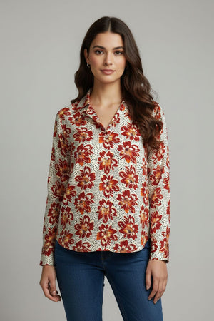 Red Floral Printed Crepe Shirt (ACA8887)
