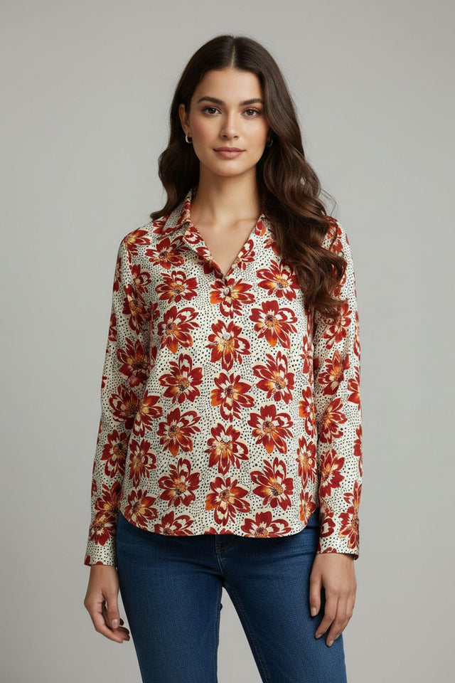 Red Floral Printed Crepe Shirt (ACA8887)