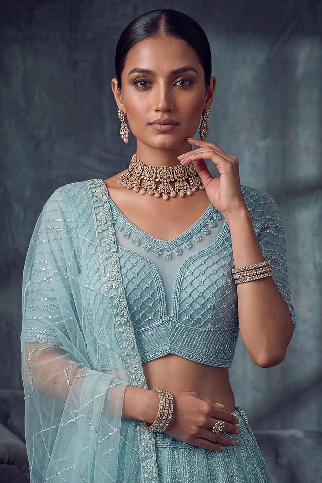 Blue Sequin with Embroidered Net Lehenga (ACA8889)