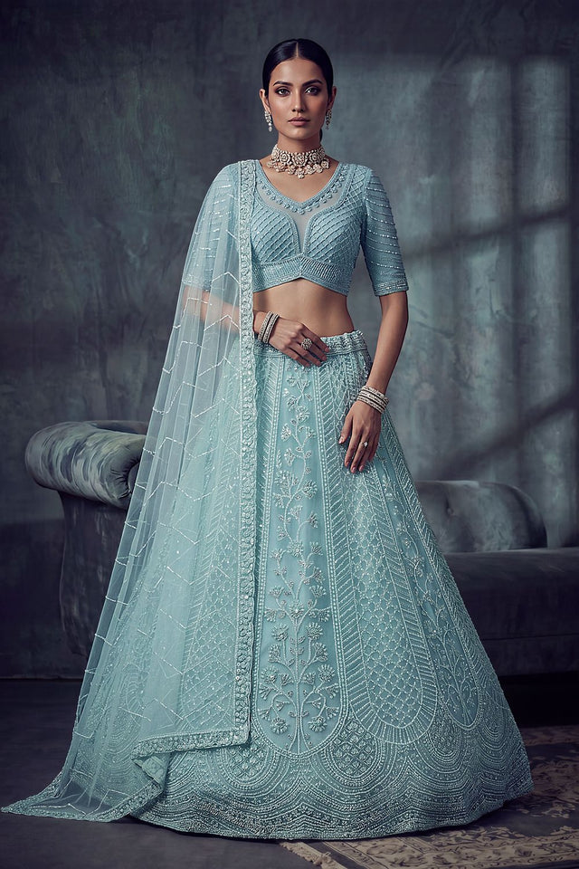 Blue Sequin with Embroidered Net Lehenga (ACA8889)