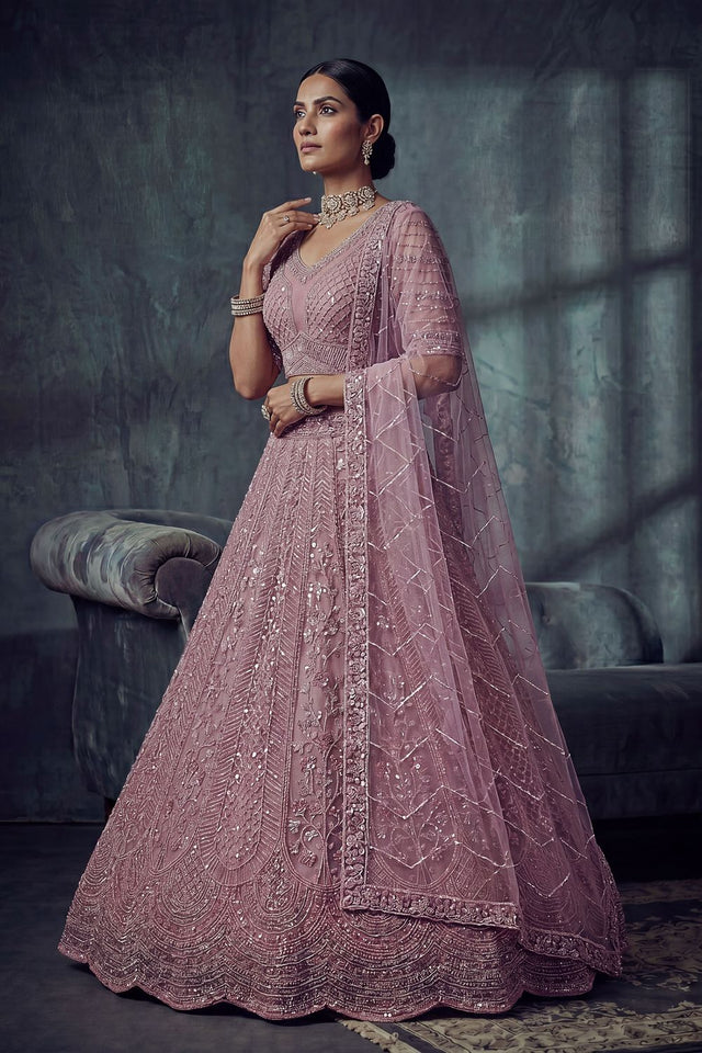 Pink Sequin with Embroidered Net Lehenga (ACA8891)