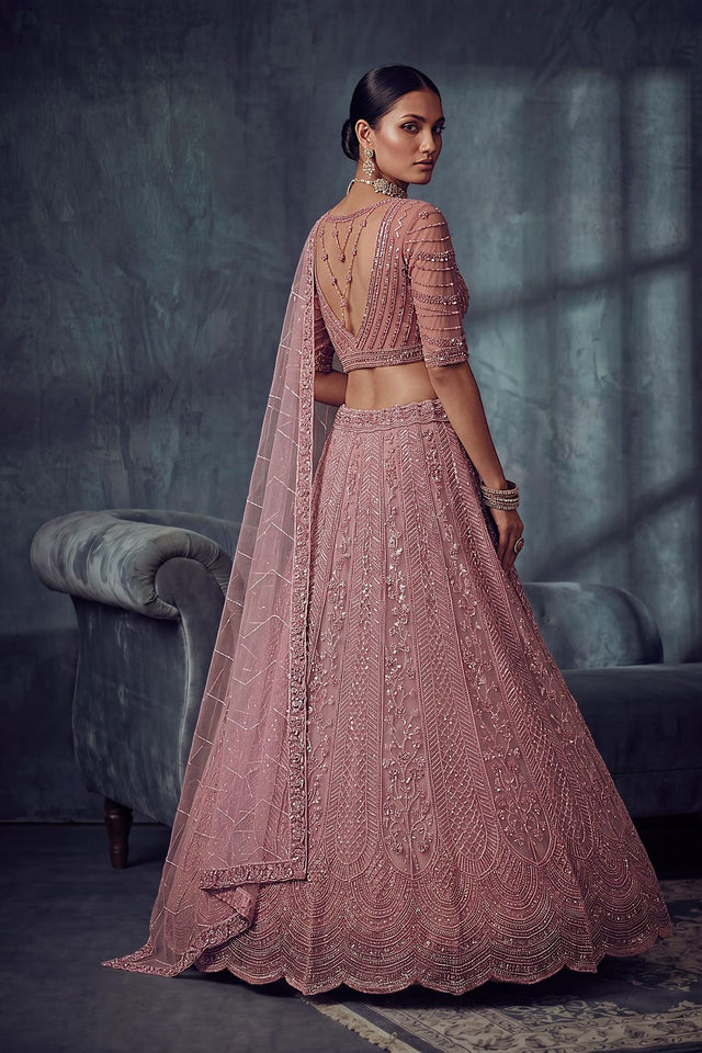 Peach Sequin with Embroidered Net Lehenga (ACA8892)