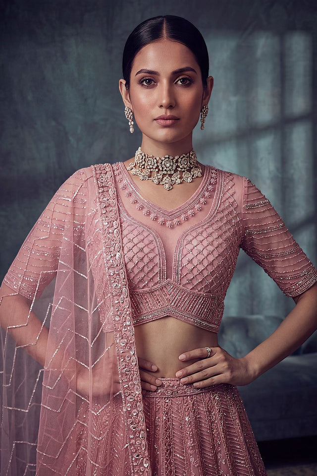 Peach Sequin with Embroidered Net Lehenga (ACA8892)
