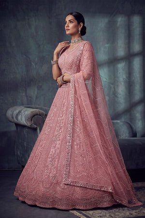 Peach Sequin with Embroidered Net Lehenga (ACA8892)