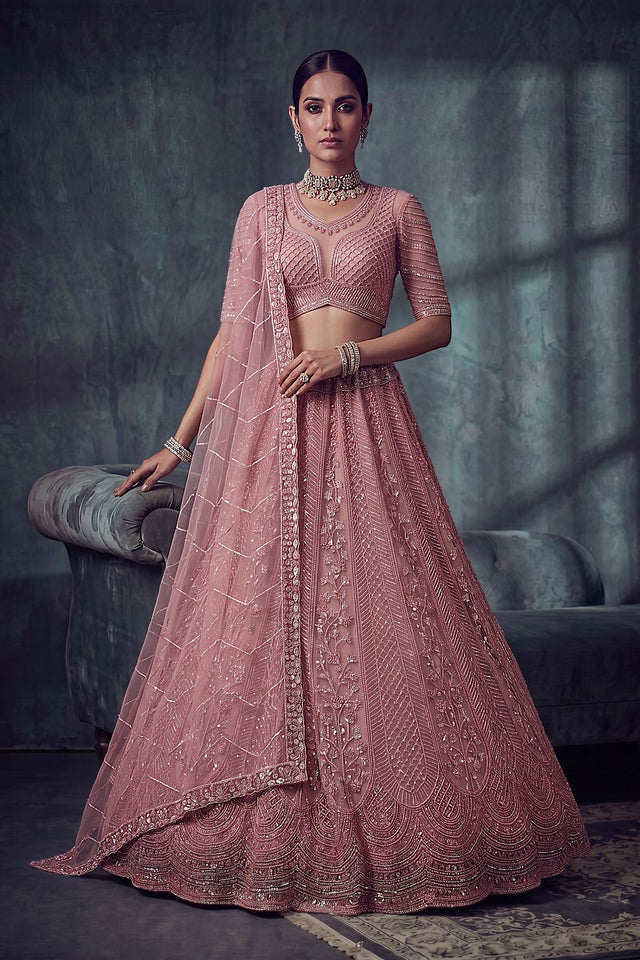 Peach Sequin with Embroidered Net Lehenga (ACA8892)
