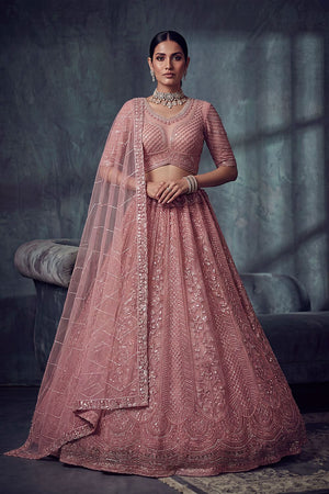 Peach Sequin with Embroidered Net Lehenga (ACA8892)