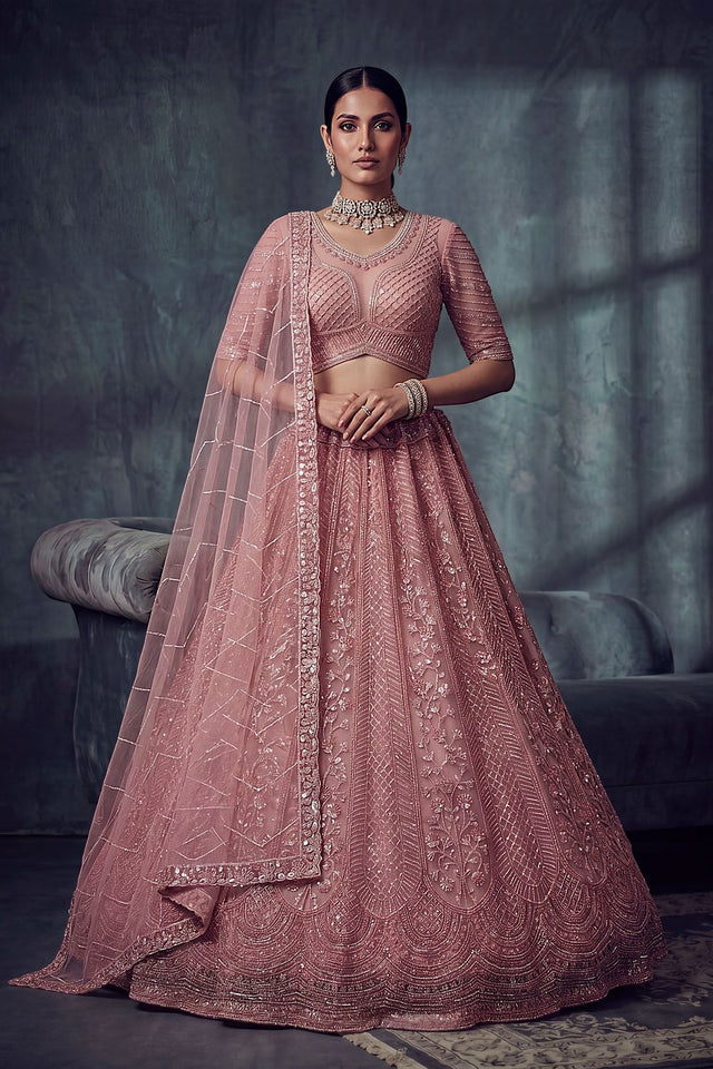 Peach Sequin with Embroidered Net Lehenga (ACA8892)